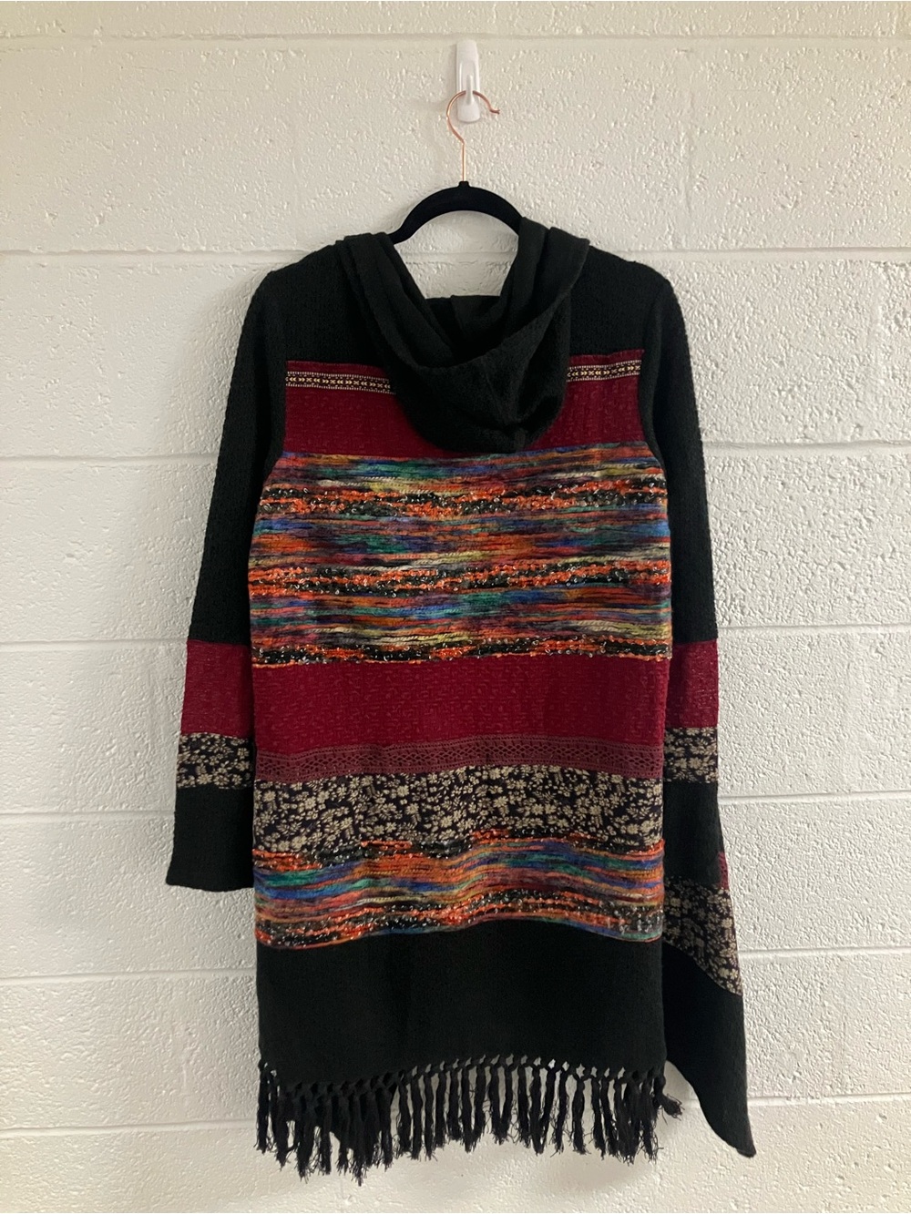 Miss Me Black & Burgundy Hooded Fringe Poncho Sweater